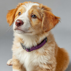 Poster - Adorable red and white border collie puppy sitting, wearing a purple collar, looking up inquisitively against a neutral gray background.