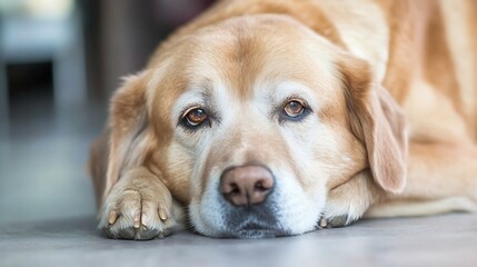 Poster - Close-up portrait of a senior golden retriever dog resting on the floor, showing its gentle eyes and soft fur. The dog's expression is calm and peaceful. : Generative AI