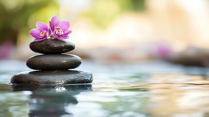 Aufkleber - Serene spa scene: Pink orchids atop a balanced stack of smooth, dark grey stones, nestled gently in calm, reflective water, creating a tranquil atmosphere. : Generative AI