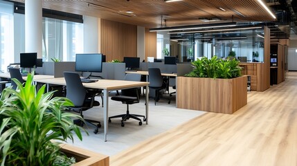 Poster - Modern office interior design featuring light wood flooring, sleek workstations, and vibrant green plants, creating a bright and productive workspace. : Generative AI