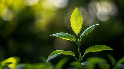 Poster - A single young plant sprout with vibrant green leaves, backlit by sunlight, stands out against a softly blurred green background, showcasing the beauty of nature's details. : Generative AI
