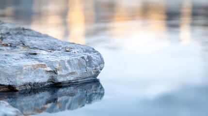 Poster - Serene reflection of a grey rock in calm, blue water, creating a tranquil and peaceful scene at dawn or dusk. : Generative AI