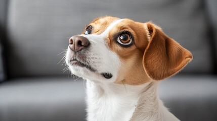 Aufkleber - Close-up portrait of a beagle puppy looking up, showcasing its expressive brown eyes and soft fur. The dog's curious gaze and attentive expression are captured in detail against a blur : Generative AI
