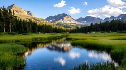 Poster - Serene mountain lake reflecting a vibrant blue sky and fluffy clouds, surrounded by lush green grass and a dense evergreen forest. : Generative AI