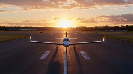 Poster - Private airplane taxiing on runway at sunset, golden hour light illuminating the aircraft and tarmac, showcasing the plane's sleek design and the tranquil airport atmosphere. : Generative AI