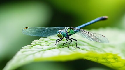 Aufkleber - A vibrant green and blue dragonfly rests delicately on a lush, green leaf, its translucent wings spread wide, showcasing intricate details against a soft, blurred background. : Generative AI
