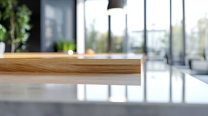 Aufkleber - Close-up view of a light oak wood countertop edge, reflecting in a polished surface, modern kitchen interior blurred background. : Generative AI