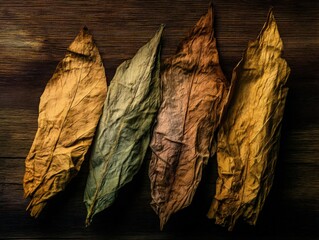 Poster - Four dried leaves arranged vertically against a dark brown wooden background, showcasing variations in color and texture from gold to olive green.