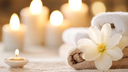 Aufkleber - Spa setting with beige towels, a magnolia blossom, and softly glowing candles creating a serene and relaxing atmosphere. : Generative AI