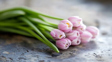 Aufkleber - A delicate bouquet of pale pink tulips rests on a rustic wooden surface, their soft petals and vibrant green stems creating a serene and romantic scene. : Generative AI
