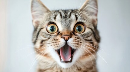 Aufkleber - Close-up portrait of a tabby cat with wide eyes and open mouth, showing surprise or excitement.  The feline's fur is predominantly brown and gray. : Generative AI