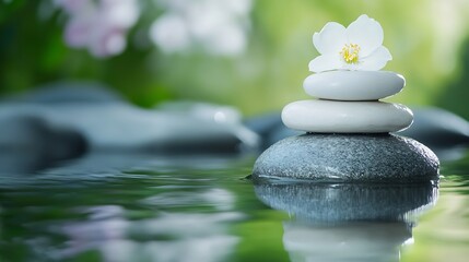 Fototapete - Serene zen garden scene: white flower atop balanced stones in tranquil water, reflecting nature's peace. : Generative AI