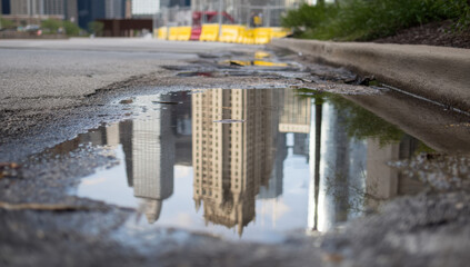 Fototapete - Cityscape reflection in a puddle on a damaged urban street, showing distorted images of skyscrapers and construction barriers in the background.