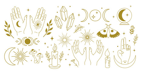 boho mystical line art symbols with moons, crystals, hands.mystical set spiritual symbols crystals, 