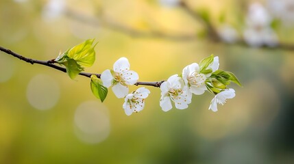 Poster - Delicate white blossoms on a branch, springtime scene with soft green bokeh background.  Nature photography showcasing the beauty of spring flowers. : Generative AI