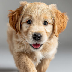 Poster - Adorable Golden Retriever Puppy, playful and cute, light brown fur, big eyes, pink tongue, walking towards camera, studio shot, neutral background.
