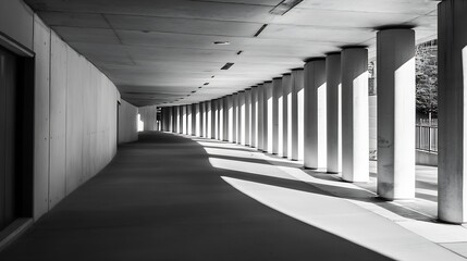 Poster - Sunlit Modern Colonnade: A long, sun-drenched walkway lined with cylindrical concrete pillars creates a striking architectural perspective, showcasing shadows and light interplay. : Generative AI
