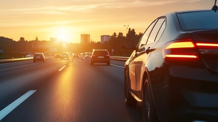 Poster - Dark sedan driving on highway at sunset, other cars visible in distance, city skyline in background, warm golden light. : Generative AI