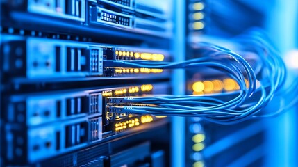 Poster - Close-up view of network cables connected to server rack, showcasing intricate details of data center infrastructure and connectivity. : Generative AI
