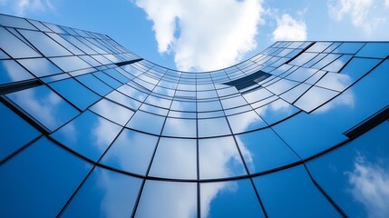 Poster - Curved glass facade of a modern building reflecting blue sky and clouds, architectural detail showcasing geometric patterns and contemporary design. : Generative AI
