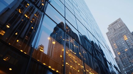 Poster - Reflective skyscraper facade at dusk, showcasing the city lights and architecture in a modern urban setting.  The glass panels reflect neighboring buildings, creating a captivating int : Generative AI
