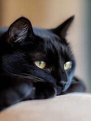 Aufkleber - Close-up portrait of a black cat with striking green eyes, resting on a beige surface. The cat's fur is sleek and dark, its expression calm and observant. : Generative AI