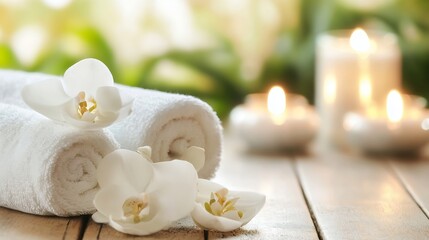 Aufkleber - Spa treatment scene with rolled white towels, delicate white orchids, and softly glowing candles creating a serene and relaxing atmosphere. : Generative AI