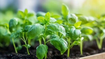 Aufkleber - Close-up view of vibrant green basil seedlings sprouting from rich dark soil, bathed in sunlight, showcasing healthy growth and fresh leaves. : Generative AI