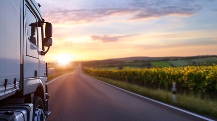Aufkleber - Semi-truck driving on asphalt road at sunset, countryside landscape with vineyards visible, warm light illuminating the scene. : Generative AI