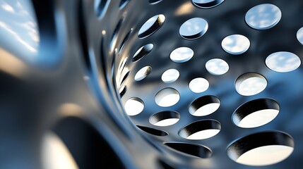 Fototapete - Abstract metallic structure with circular perforations, showcasing a blurred sky through the openings.  The image evokes a sense of depth and technological advancement. : Generative AI
