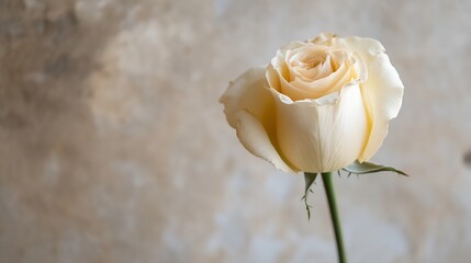 Poster - Single cream rose bloom, elegant and delicate, standing tall against a soft, textured beige background.  The petals are softly illuminated, showcasing their subtle creamy hue. : Generative AI