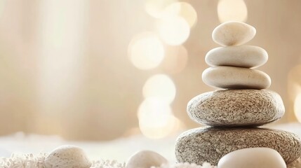 Leinwandbilder - Serene Stack of Smooth, Light Gray Stones on a Soft, White Surface with a Blurred, Warm Beige Background. : Generative AI