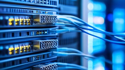 Poster - Close-up view of network server equipment, showcasing fiber optic cables and illuminated ports, suggesting high-speed data transfer and advanced technology. : Generative AI