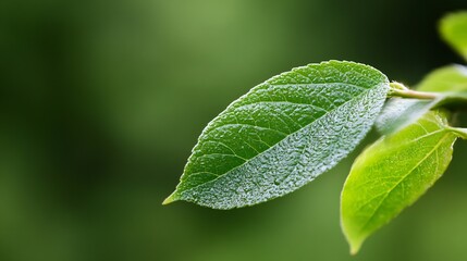 Poster - Close-up of a vibrant green leaf, glistening with morning dew, set against a blurred green background.  The leaf's texture and veins are clearly visible, showcasing the beauty of natur : Generative AI