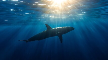 Poster - Silhouette of a dolphin swimming gracefully in deep blue ocean water, sunbeams illuminating the scene from above, creating a serene and mysterious underwater atmosphere. : Generative AI