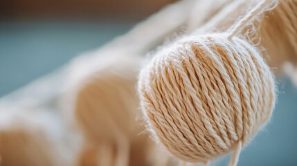 Aufkleber - Close-up of a beige ball of yarn, showing intricate texture and soft fibers.  The yarn is loosely wound, with individual strands visible, suggesting a natural, handcrafted feel. : Generative AI