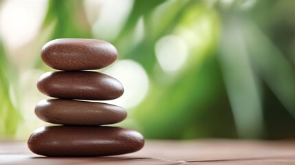 Poster - Stack of brown stones on wooden surface, serene spa setting with blurred green foliage background.  Perfect for wellness, meditation, or zen concepts. : Generative AI