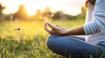 Poster - Woman meditates in lotus position outdoors at sunset, serene moment in nature, peaceful yoga practice, calm atmosphere, golden hour light. : Generative AI