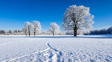 Poster - Footprints in the snow lead towards frost-covered trees under a vibrant blue winter sky, creating a serene and peaceful winter landscape. : Generative AI