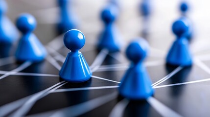 Fototapete - Abstract network visualization with blue game pieces interconnected on a dark surface, representing connections and communication. : Generative AI