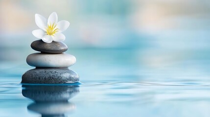 Leinwandbilder - Serene Stacked Stones with Delicate White Flower Floating on Calm Blue Water, Spa Relaxation Concept : Generative AI