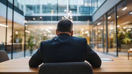 Poster - Businessman seated at a modern office desk, back to camera, overlooking a bright, spacious atrium with glass walls and indoor plants. : Generative AI