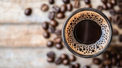 Poster - Overhead close-up shot of espresso in a glass, surrounded by roasted coffee beans on a rustic wooden surface. The crema is visible, showcasing rich, dark coffee. : Generative AI