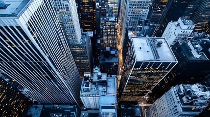 Poster - Aerial view of a city at dusk, showcasing numerous skyscrapers with illuminated windows, revealing a dense urban landscape with intricate details of building rooftops and street patter : Generative AI