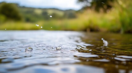 Poster - Close-up view of water droplets impacting a calm stream, creating ripples and small splashes.  The background shows a blurred, idyllic natural landscape with green vegetation and hills : Generative AI