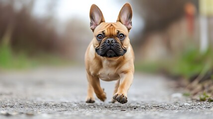 Poster - A fawn-colored French bulldog puppy runs towards the camera on a gravel path, its expression alert and playful, blurred background suggesting outdoor setting. : Generative AI