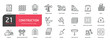© Bradericon - Set of line icons related to blueprint, material, tower crane, excavator, cement. Outline icons collection. Editable stroke. Vector illustration.