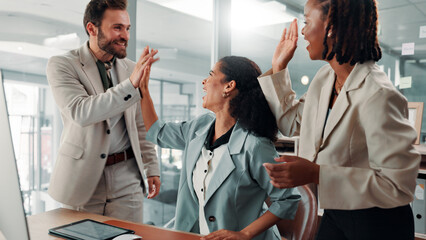 Fototapete - High five, business people and support with celebration for winning, funding or positive review with growth at office. Happy, man and women with partnership, success and finance feedback for project
