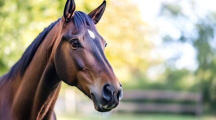 Poster - Close-up portrait of a bay horse with a white star on its forehead, standing in a lush green pasture on a sunny day. The horse's coat is smooth and shiny, and its eyes are calm and gen : Generative AI