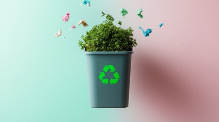Fototapete - Floating in a serene pastel space, a green-marked gray recycling bin draws in flying compostable waste
